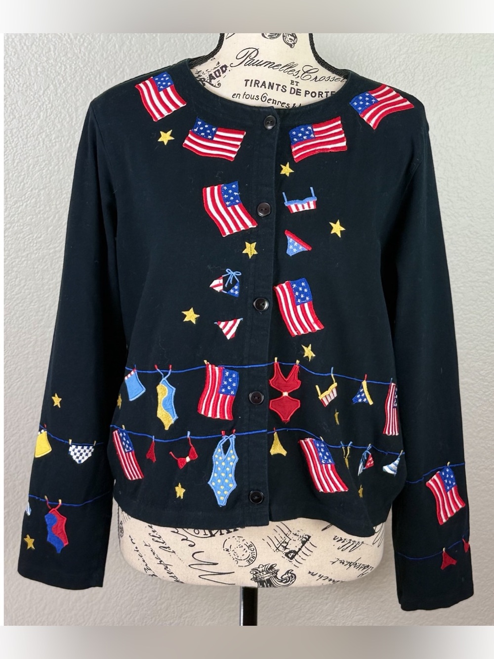 Michael Simon Americana 4th of July Patriotic Black Embroidered Cardigan Sweater - Picture 5 of 10